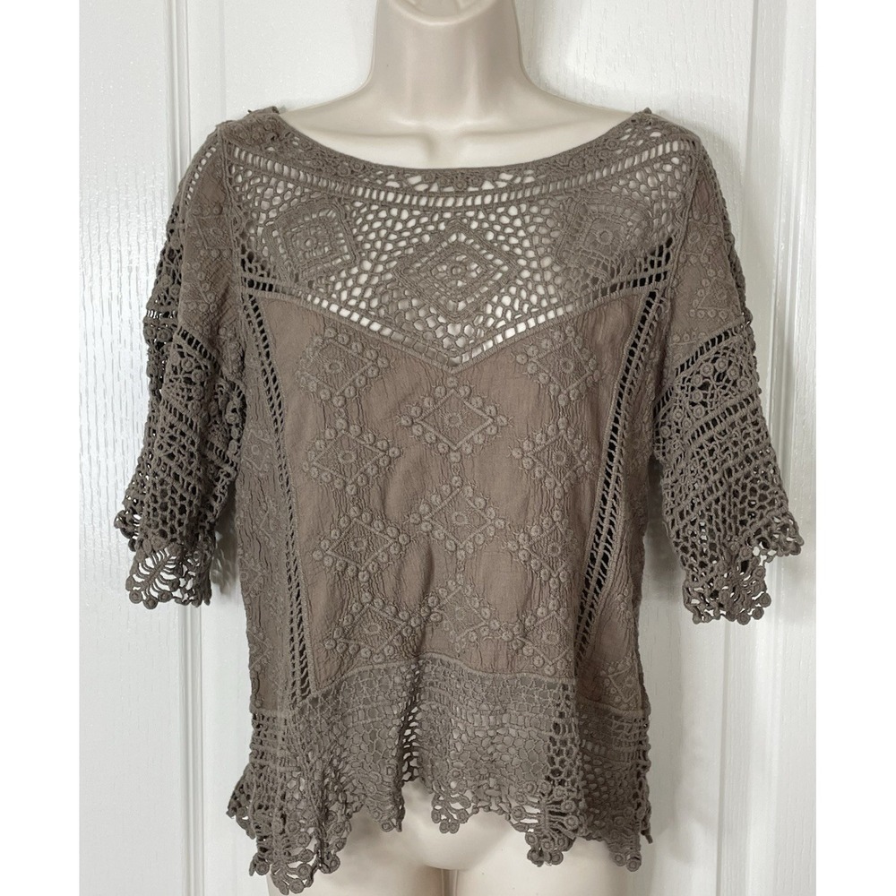 Democracy  Crochet Embroidered Womens Top M Brown Boho Peasant Western Cowgirl